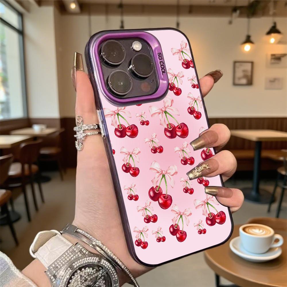 Cherry and Bow Pattern Shockproof Phone Case for Iphone 16 15 14 13 12 11 Pro Max/Mini Anti-Scratch Premium Hard Cover
