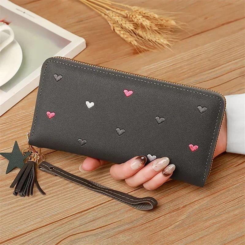 New Long Short Wallet Women's Fashion Credit Card Bag Purse Zipper Handbag Embroidered Heart Mobile Phone Money Coin Bag Case