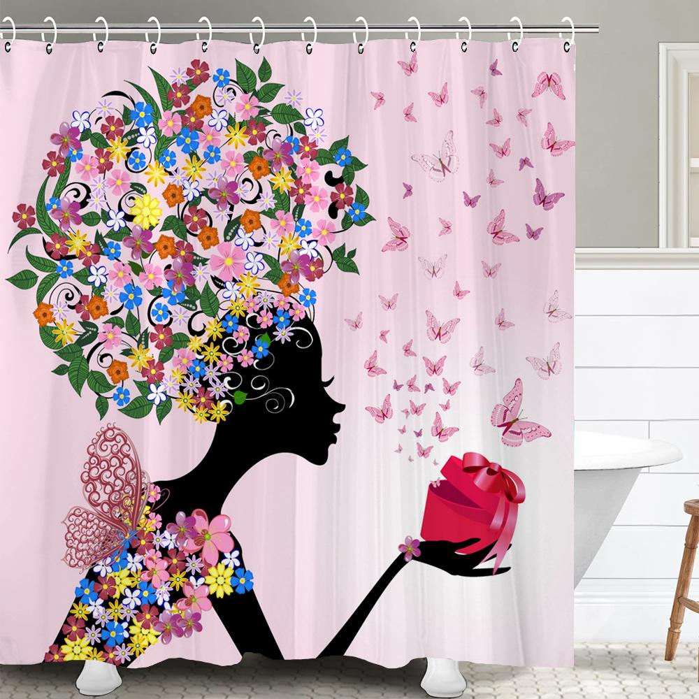 Beautiful Flower Butterfly Girl Shower Curtain Waterproof Shower Curtain Bathroom Partition Curtain Bathroom Decor Accessories