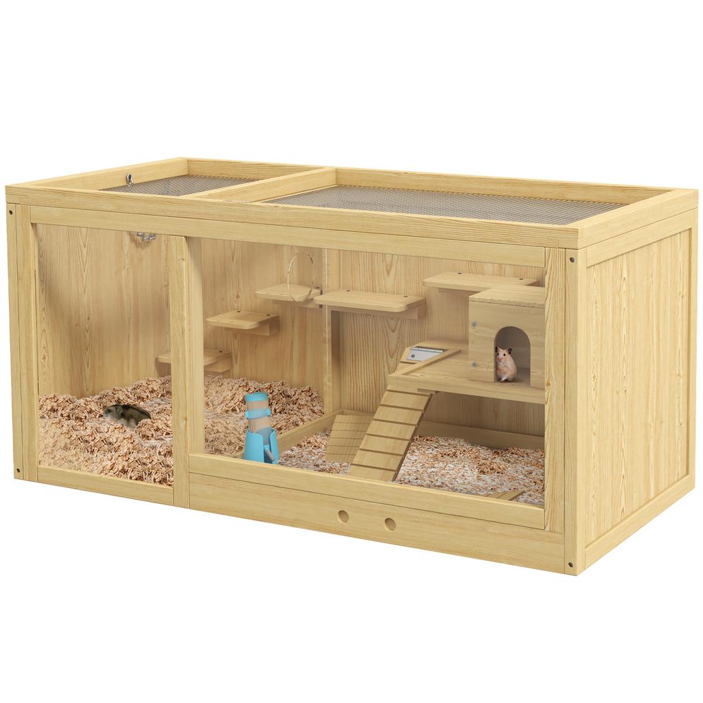 Small Animal Cage/gnawing Cage, Fir Wood, Including Accessories and Water Bottle, 100 X 50 X 50 Cm, Natural