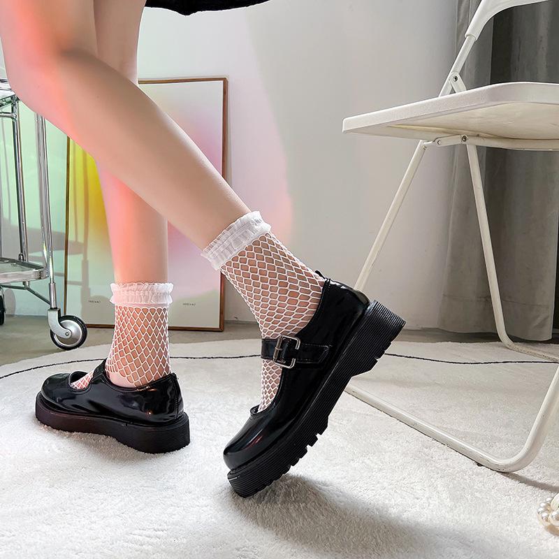Japanese Lolita Bowknot Fishnet Lace Ankle Socks, White or Black
