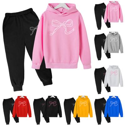 Kids' Plush Long Sleeve Long Pants Loose Pullover Bow Print Hoodie Set