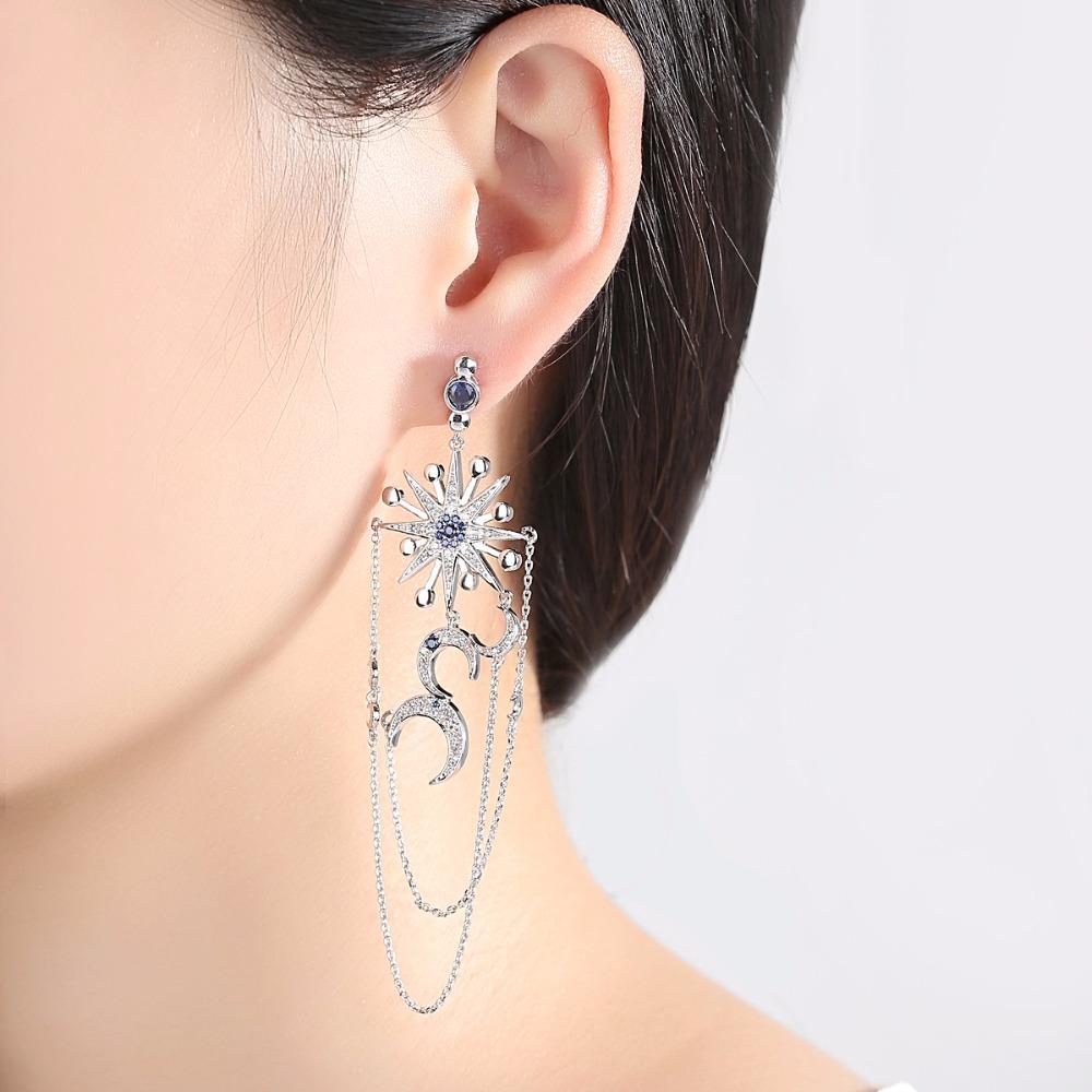 LUOTEEMI Brand New Authentic Crescent Half Moon & Star Dazzling Blue CZ Tassel Chains Drop Earrings for Women Jewellery Bijoux