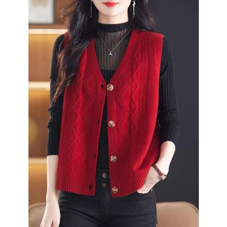 Women's Vest Autumn and Winter New V-neck Cardigan Sleeveless Solid Color Sweater Vest Loose Knitted Vest Mother's