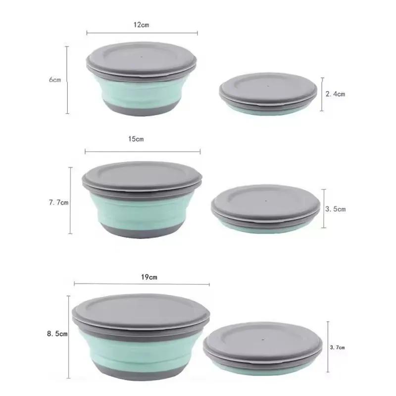 Tigela de Camping, Tigela Dobrável de Silicone, Lancheira, Tampa, Recipiente Expansível para Armazenamento de Alimentos, Caixa Bento, 3 Peças/Conjunto