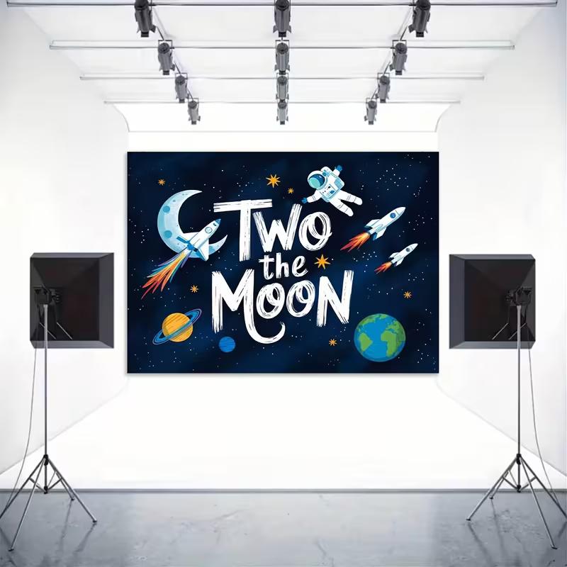 2D Outer Space Astronaut & Rocket Backdrop "Two the Moon" Birthday Photo Booth