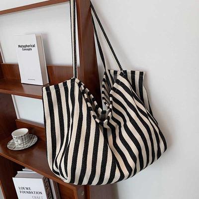 Bolsa feminina listrada de lona casual para mulheres, bolsa de compras simples, grande capacidade, bolsa de ombro escolar para mulheres