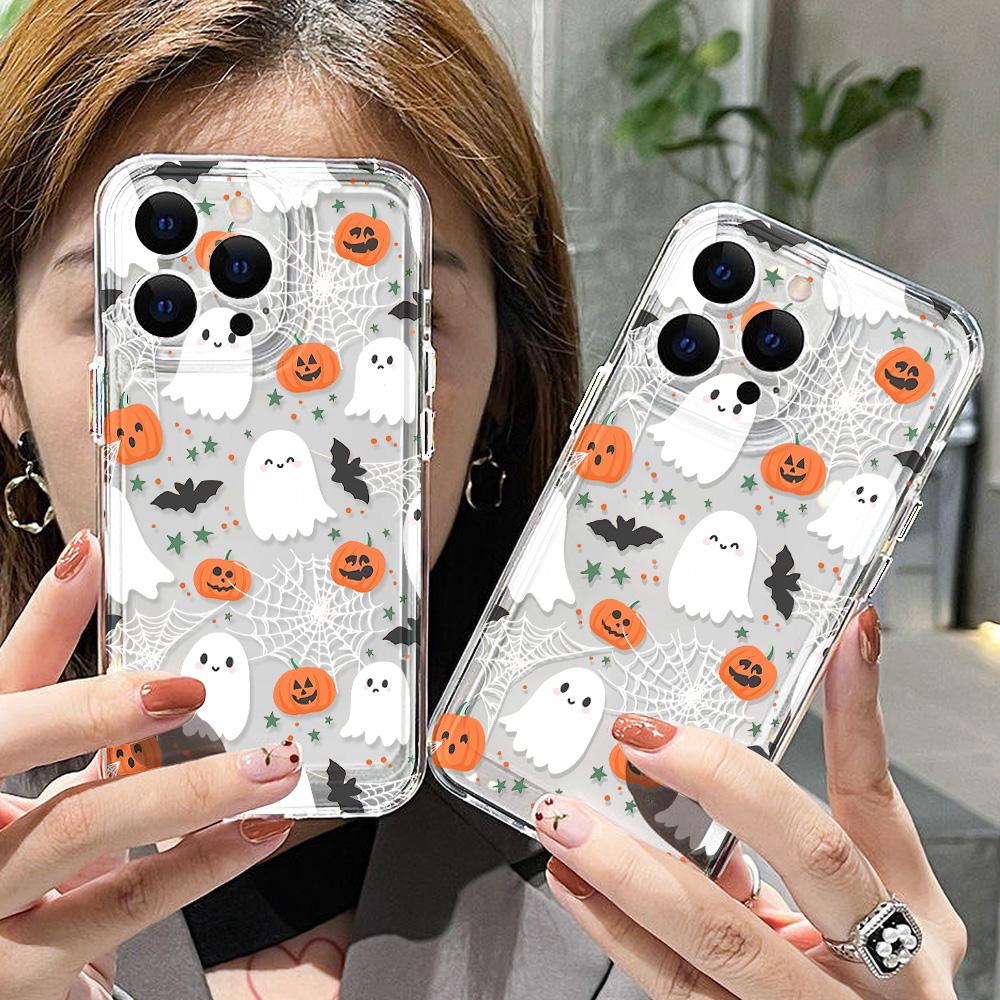 Halloween Pumpkin Ghost Bat Pattern Transparent Soft Phone Case For iPhone 17 Pro 13 11 12 14 15 16 Pro Max XR 17 Air SE Cover