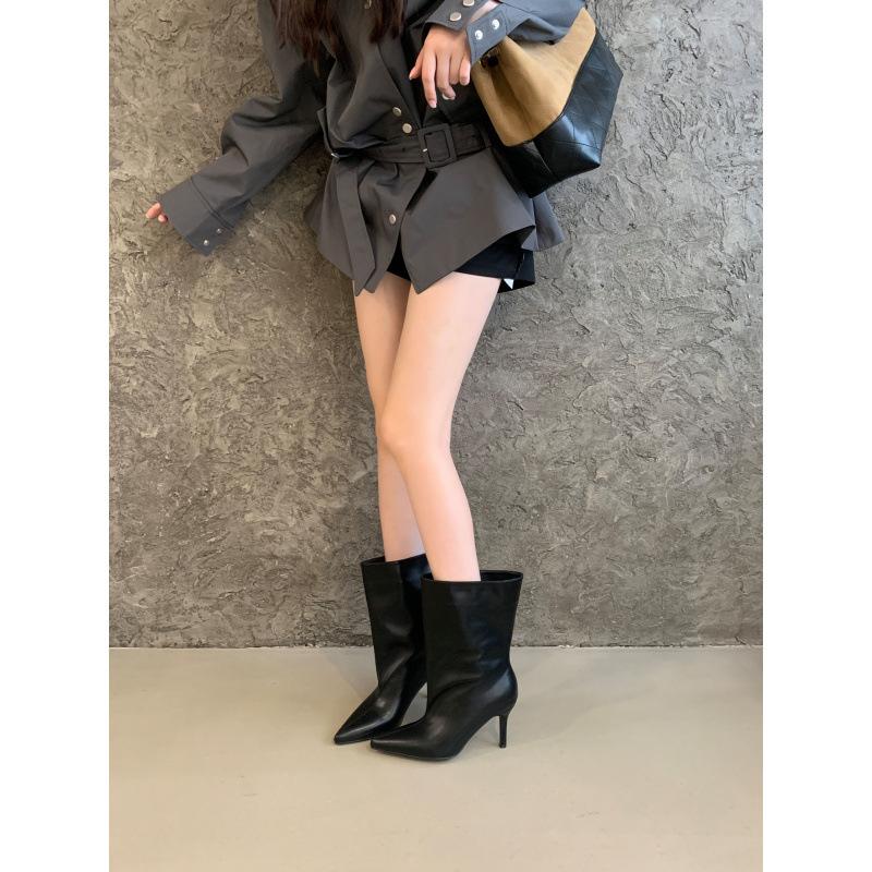 2025 foreign leather pointed high heel medium boots women's French wide tube small ankle boots knight short boots Martin boots