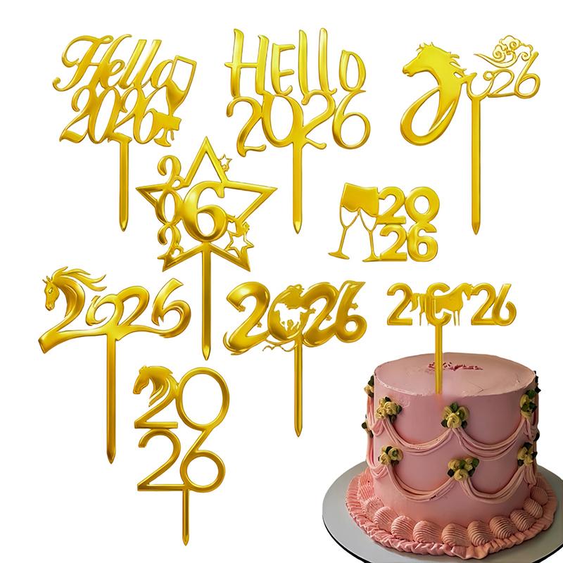2026 Happy New Year Party Cake Topper Decoration Gold Acrylic Dessert Flag Kids New Year Xmas Gift Cake Topper Baking Supplies