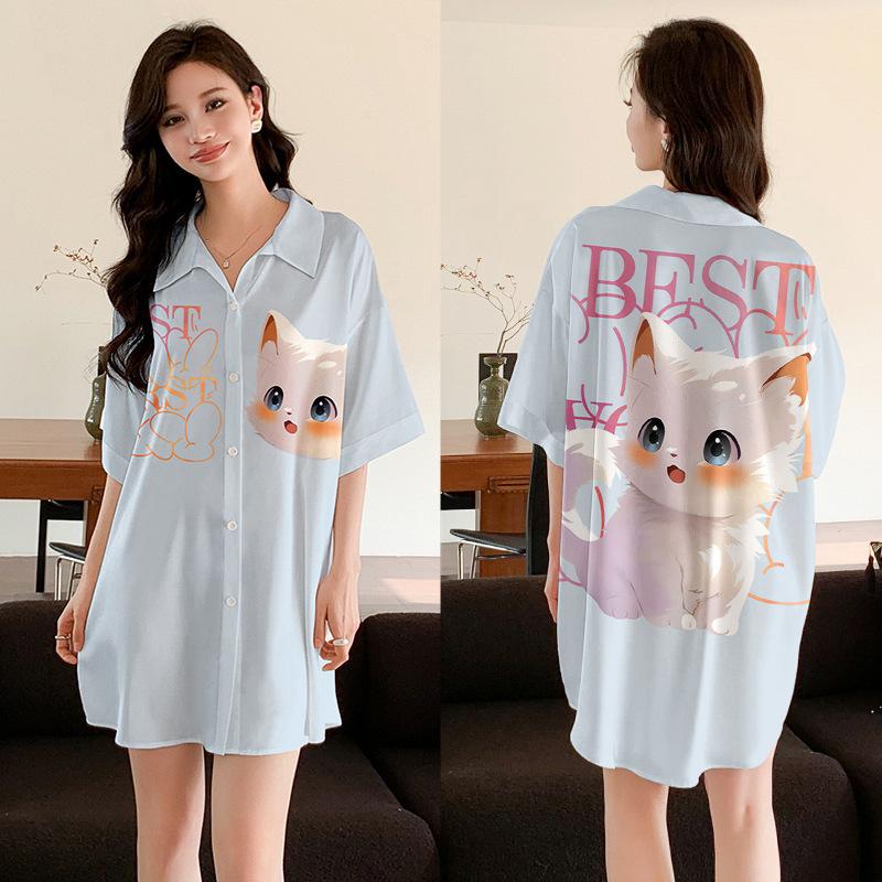 Ropa de Dormir Cómoda de Verano para Mujer Botones Delanteros Seda de Hielo Ropa para el Hogar Suelta Casual Estampada para Descansar