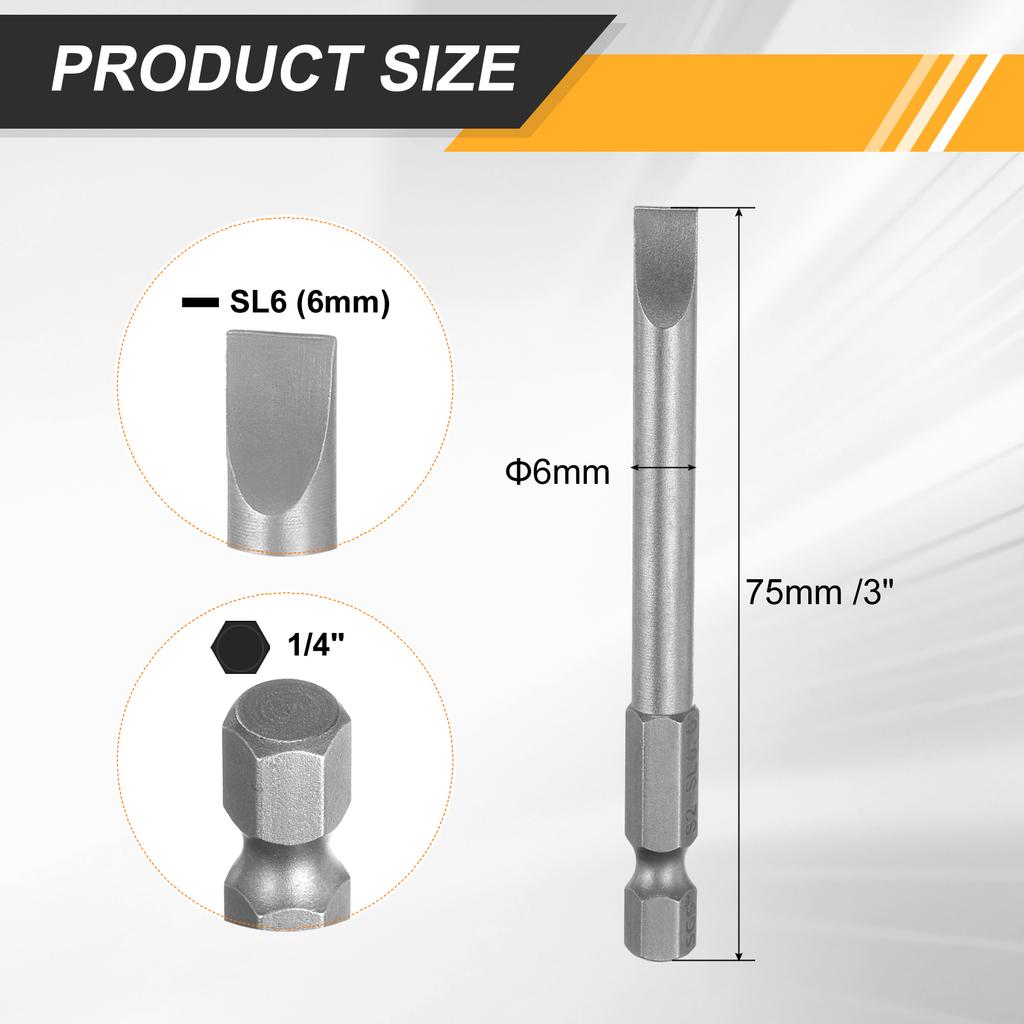 2/4/8pcs SL2/SL2.5/SL3/SL4/SL5/SL6 Slotted Screwdriver Bits 6mm Slotted Tip 1/4" Hex Shank 75mm (3") Long Magnetic Flat Head