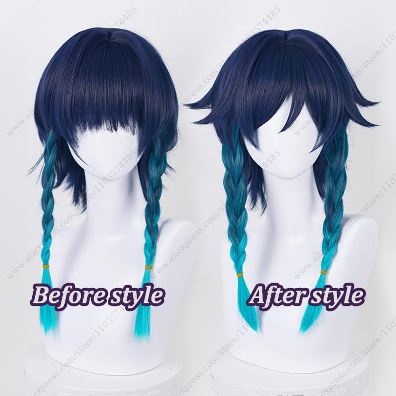 Game Venti Cosplay Wig 42cm Long Blue Gradient Braids Heat Resistant Synthetic Hair