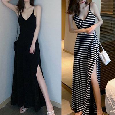 Vestido Sexy de Verão para Mulheres Decote V Profundo Sem Costas Cor Sólida/Estampa Listrada Maxi