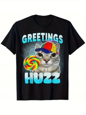 Grüße Huzz Lustige Katze Meme T-Shirt Weiche Atmungsaktive Rundhals-Tees mit Regenbogen-Lutscher & Partyhut Streetwear Herrenbekleidung
