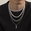 Trendy Men's Feather Pendant Multi-layer Pearl Necklace Vintage Sweater Chain Manufacturer