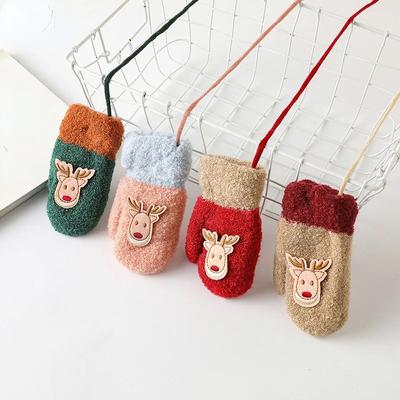 Weihnachtself Cartoon Hirsch Baby Fäustlinge Kinder Winterhandschuhe Hals hängende Handschuhe Plüsch Dick für Kinder Junge Jungen Mädchen 3-8T