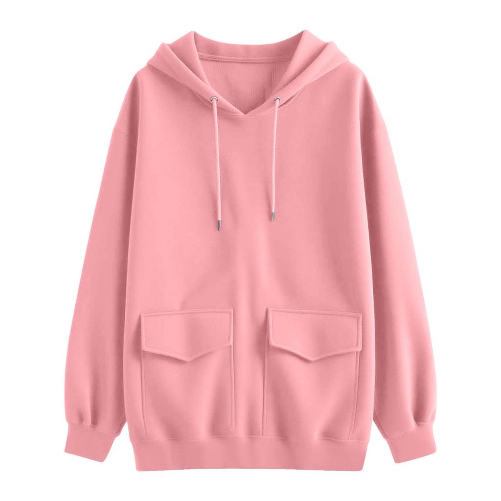 Ladies Fashion Casual Long Sleeve Round Neck Hoodie Pullover Top With  Pockets