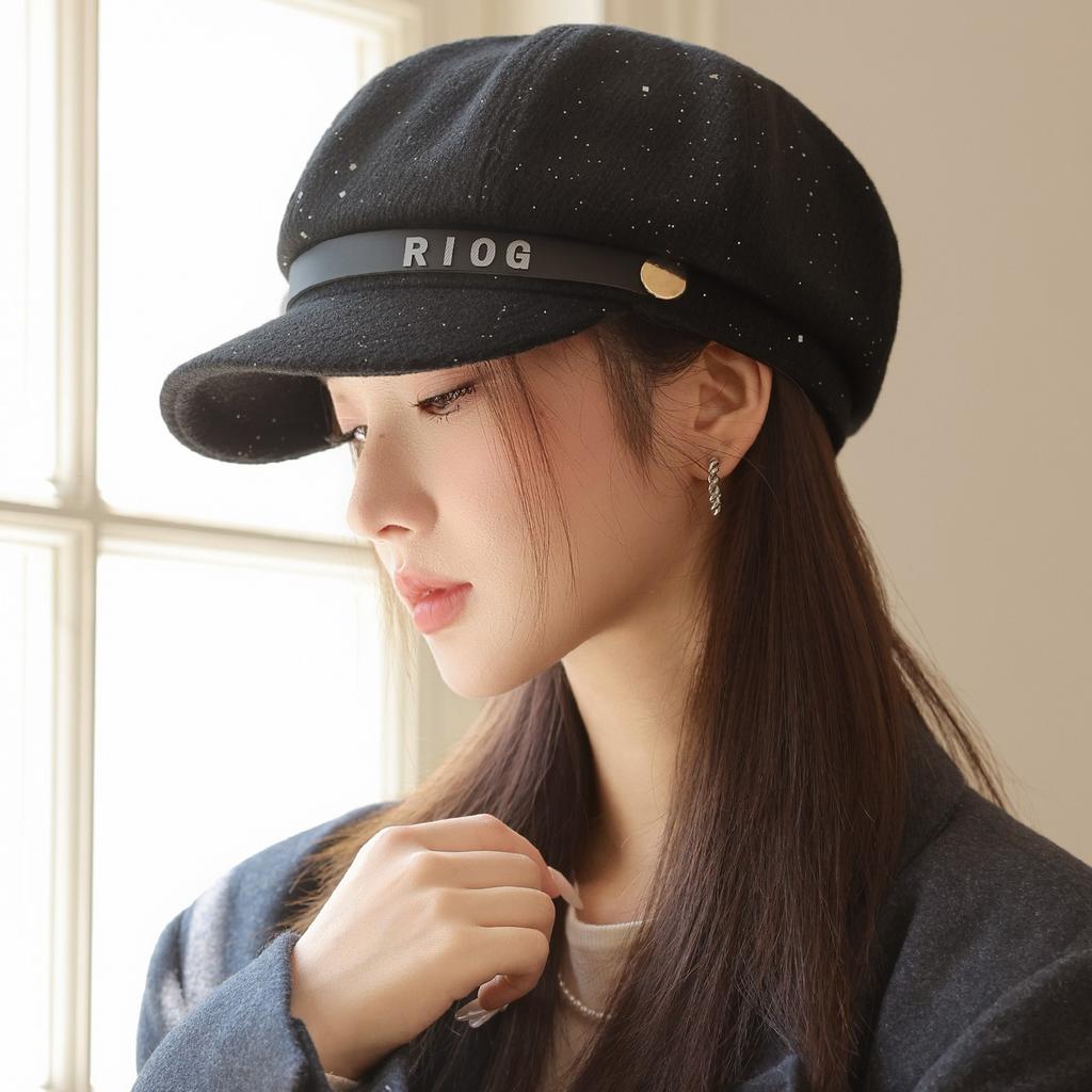 Vintage British Style Belt Buckle Octagonal Hat Women's Autumn New Painter Hat Beret