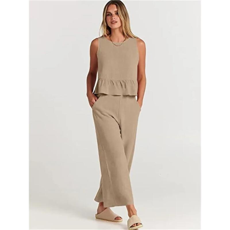 Summer Two Piece Set Women Casual Sleeveless Pleated Pants Sets Wide-leg Loose Clothes 2 Piece Sets O Neck Trouser Suits