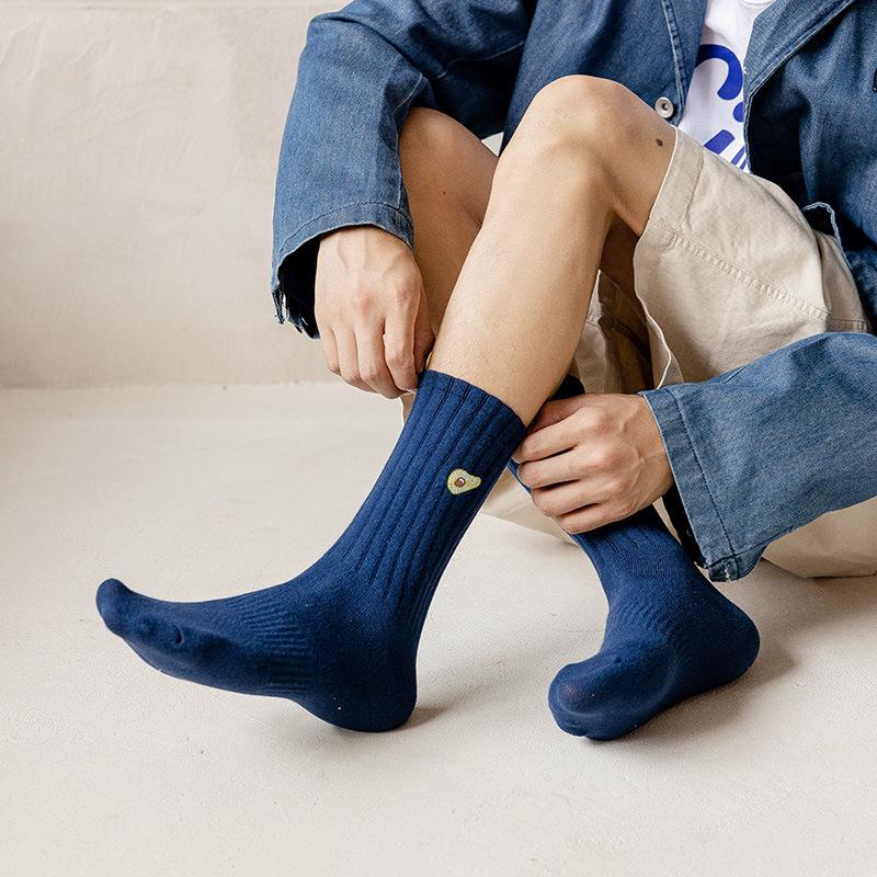 Men's Embroidered Avocado High-Top Cotton Sports Socks - Autumn/Winter Trendy, Breathable, Hip Hop Style.