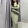 Women's Crew Neck Long Sleeve Maxi Dress Slim Fit High Waist Solid Ruched Bodycon Club Dress
