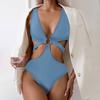 Sexy One-piece Swimwear V-Neck Sleeveless High Waist Monokini with Iron Ring Bandage Solid Color Quick Drying One-Piece Bikini