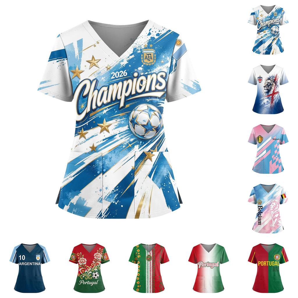 Women's V-Neck Short Sleeve Work Top with Pockets and Side Slits, Soccer Flag Print
