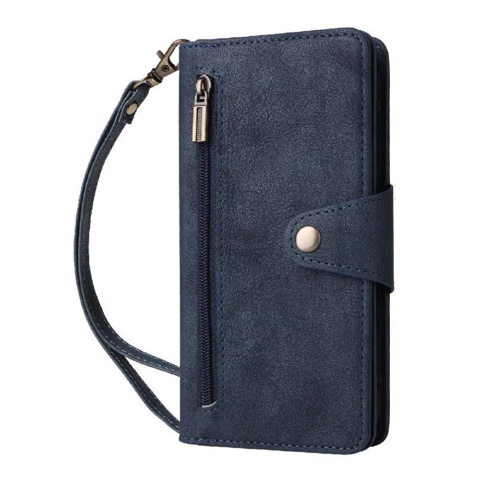 (Blue) Case for Iphone 16 Plus Magnetic Leather Card Holder Zipper Wallet Cover with Hand Strap