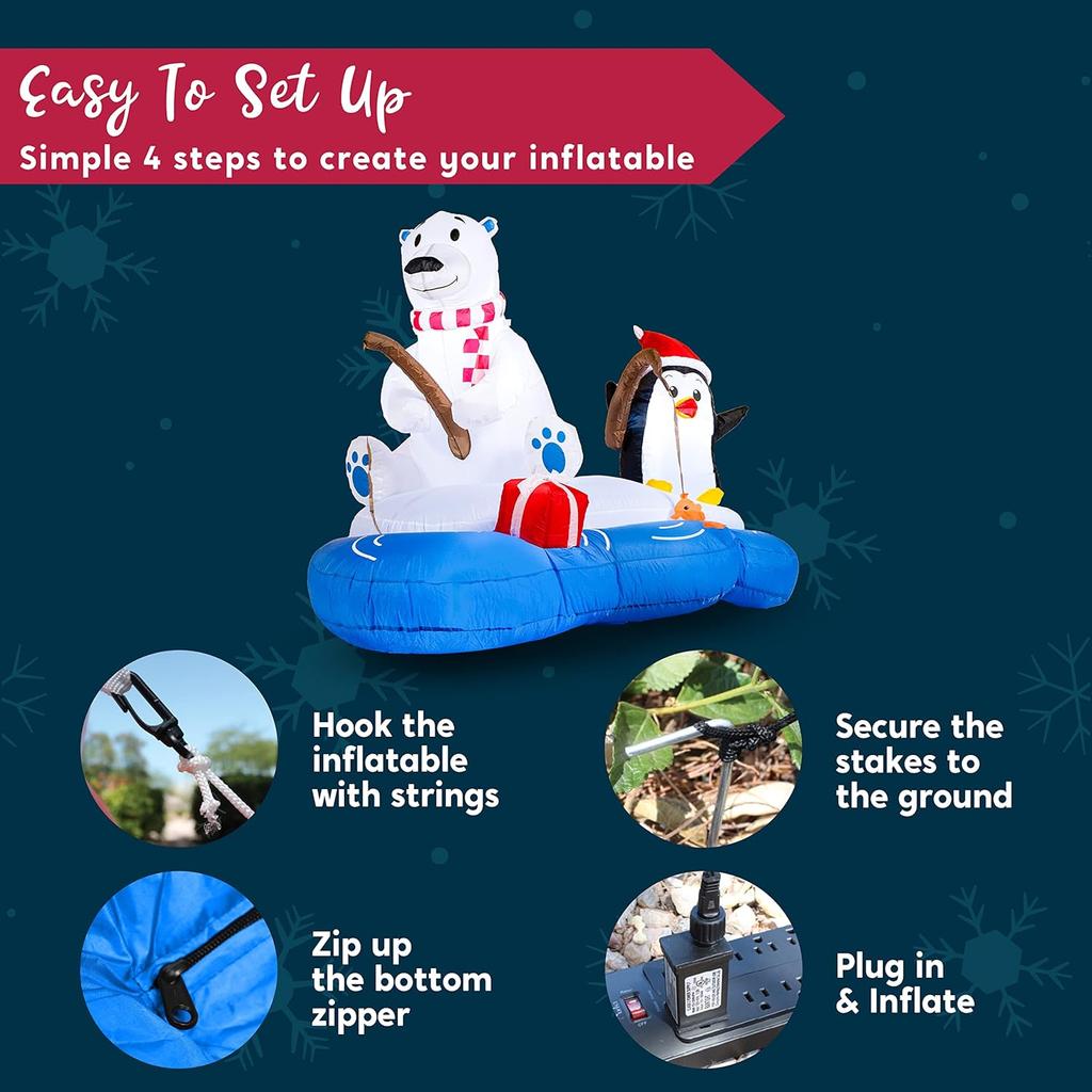 JOYFY 6 FT Long Christmas Inflatable Polar Bear Fishing with Penguin Decoration Blow Up Yard Decor Built-in LEDs for Christmas