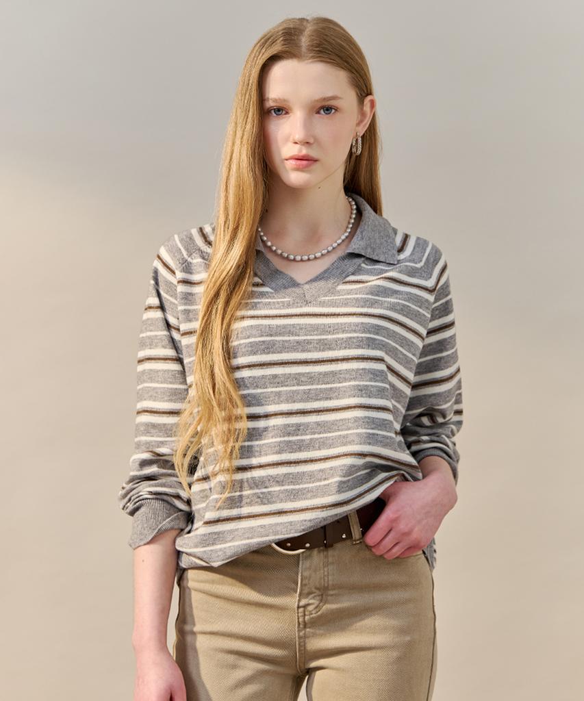 MAXZA Multi-Stripe Open Collar Knit