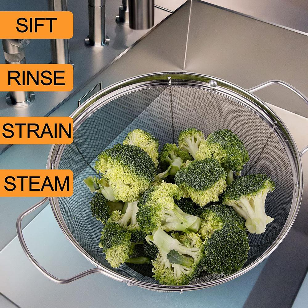 3Pack Stainless Steel Colander Sieves(5-Quart,4-Quart and 3-Quart),Mesh Strainer Net Baskets with Handles for Strain,Drain,Rinse