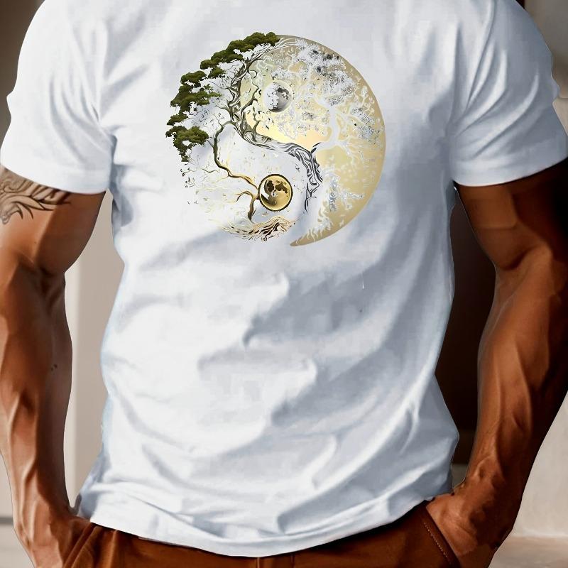 Men's summer 100% pure cotton fashionable casual loose sports yin-yang tree pattern print round neck short sleeved T-shirt top