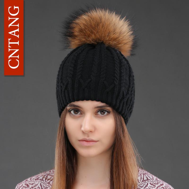Women Double Deck Knitted Wool Hat Winter Natural Raccoon Fur Warm Caps Female Pom Pom Hats Ladies Fashion Skullies Beanies Cap