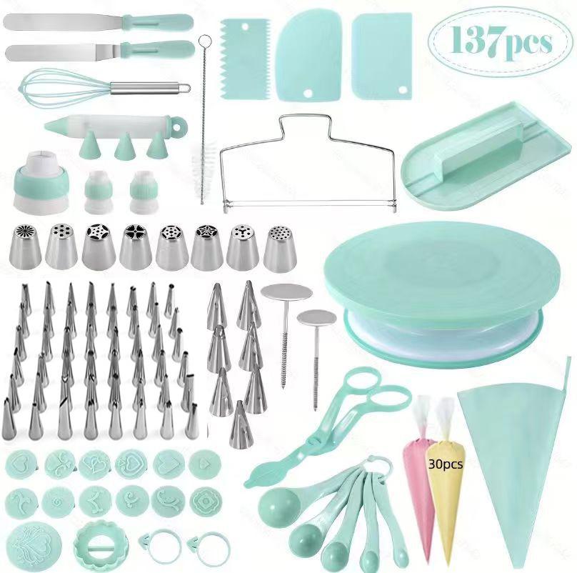 Nordic Baking Set: 137-Piece Home Cake Tools with Piping Bags, Stainless Steel Tips, and Turntable