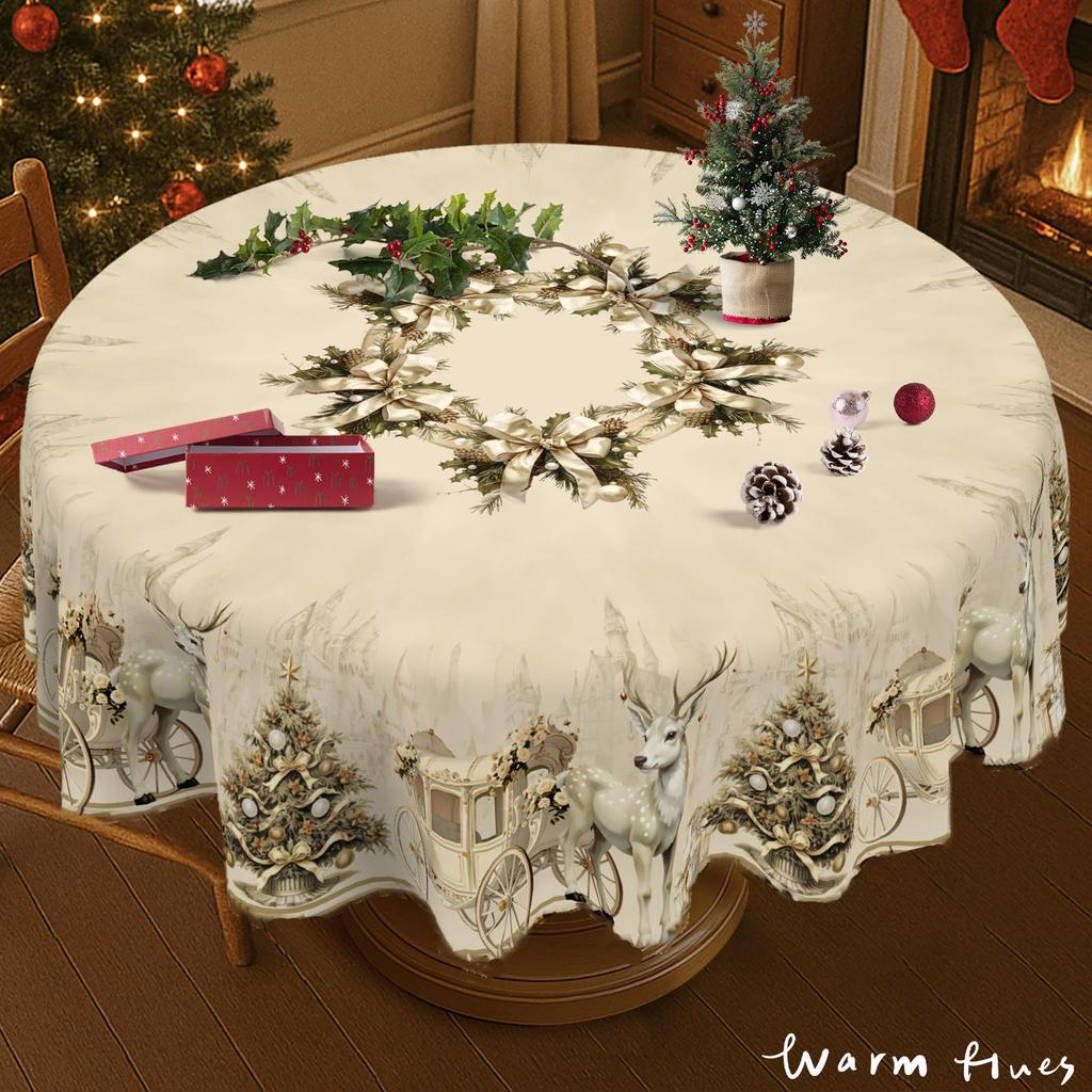 Round Christmas Tablecloth Santa Nutcracker Snowman Print Holiday Dining Table Cover Dustproof Home Decoration 150cm