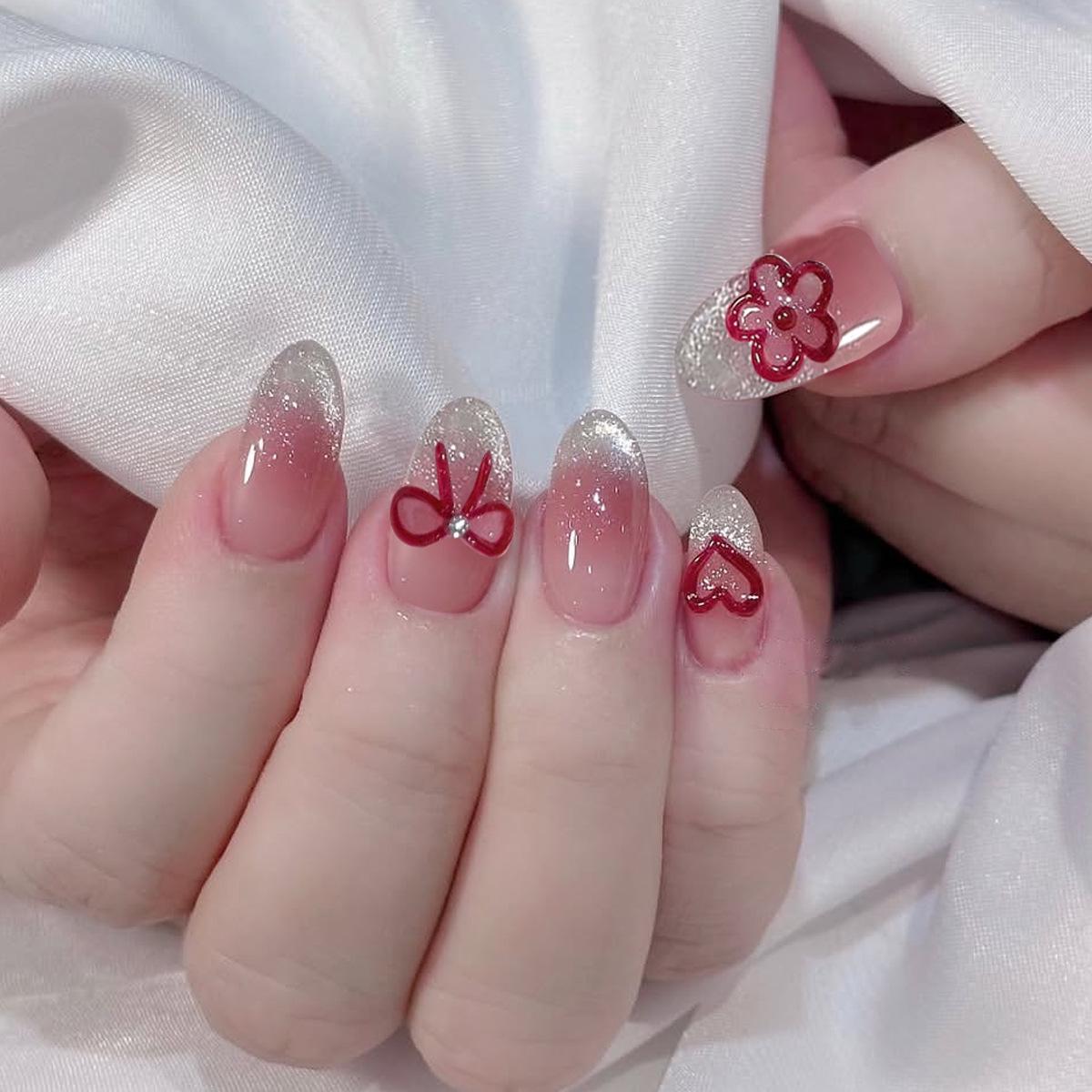 Xiaohongshu Luxury Butterfly Press-On Nails, Ice Clear French Cat Eye, Rhinestone Whitening False Tips.