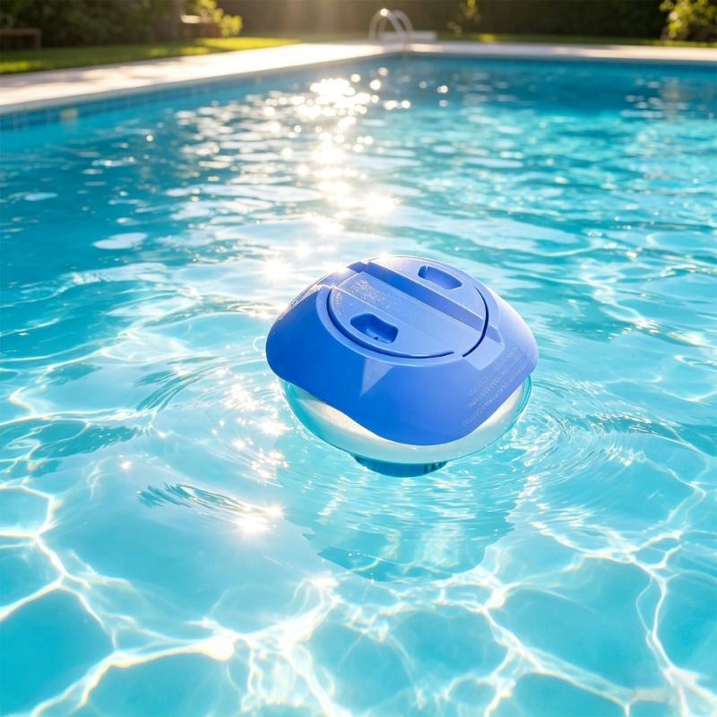 8Inch Adjustable Floating Chlorine Dispenser For Swimming Pools With Rotating Control Rings And Large Capacity Design