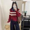 Japan and South Korea holiday two pieces of autumn and winter new denim neck knitted sweater women's loose striped thin bottoming shirt top
