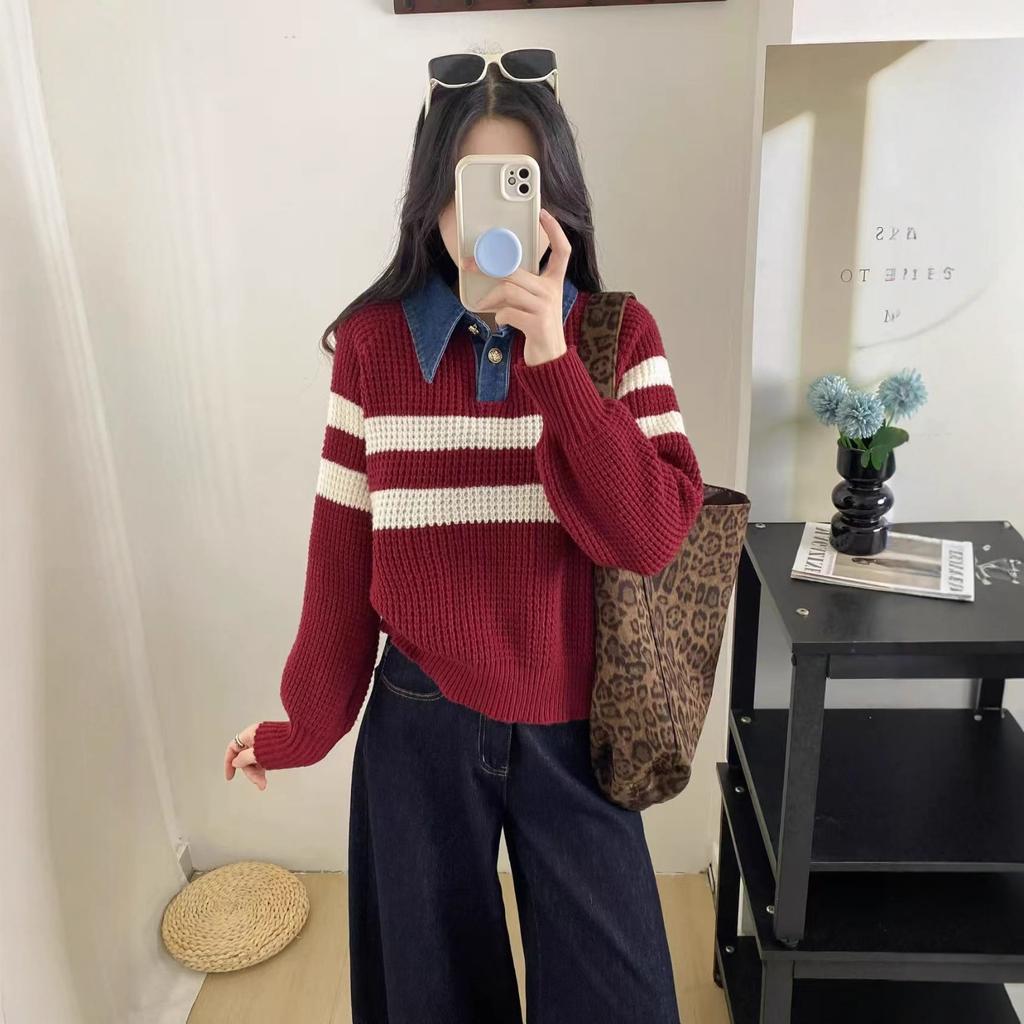 Japan and South Korea holiday two pieces of autumn and winter new denim neck knitted sweater women's loose striped thin bottoming shirt top