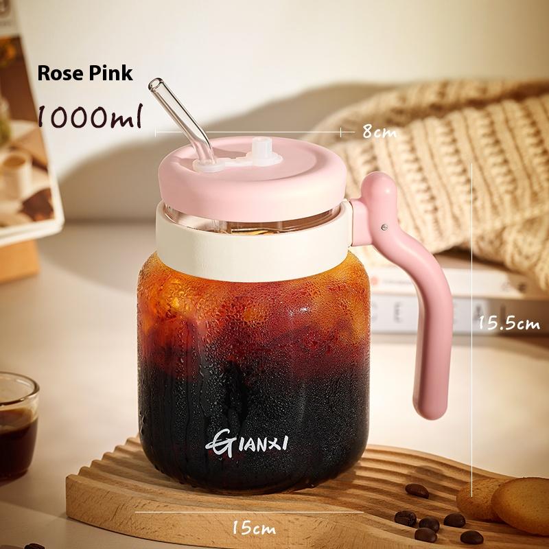 

Кружка для кофе Gianxi Стеклянная кружка с ручкой Высокоборосиликатная кружка для воды Женская кружка высокой ценности Соломенная кружка для сока Стаканы с соломинкой 1000ml