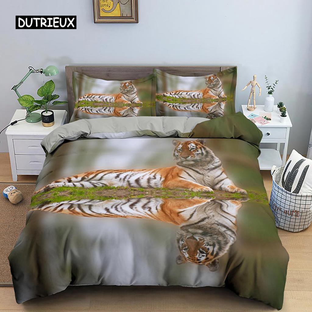 Tiger Duvet Cover Set King Size Wild Theme Bedding Set Animal Pattern Comforter Cover Animal Theme Sunset Polyester Quilt Cover