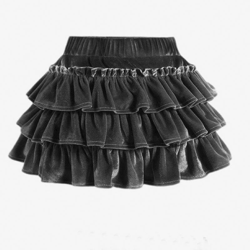 Girls' Black Velvet Layered Puffy Skort - Princess Style, Anti-Exposure, Spring/Autumn Korean Edition