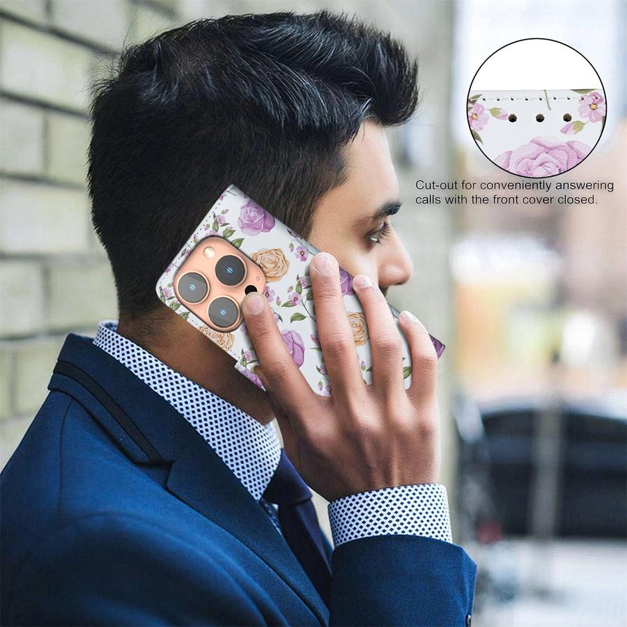 Luxury Floral & Butterfly Printed Phone Case for iPhone/Samsung Wallet Case with 3 Card Slots + Cash Pocket Kickstand Vegan Leather Flip Cover