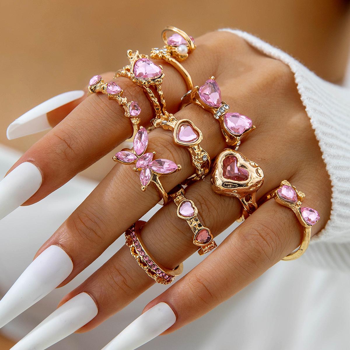 

10Pcs/Set Pink Synthetic Zircon Heart Love Butterfly Rings For Women Bow Mix Style Fashion Open Adjustion Finger Jewelry Party