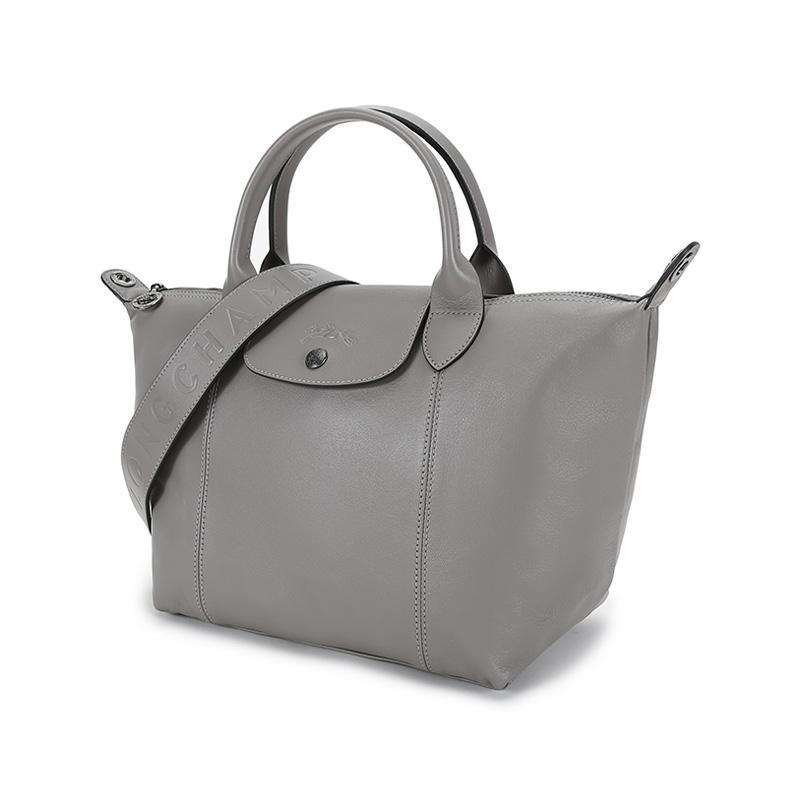 Longchamp Le Pliage Cuir 25 Short Handle Foldable Lambskin Crossbody Tote Bag Small Women Handbags Dove-Grey 1512757P55