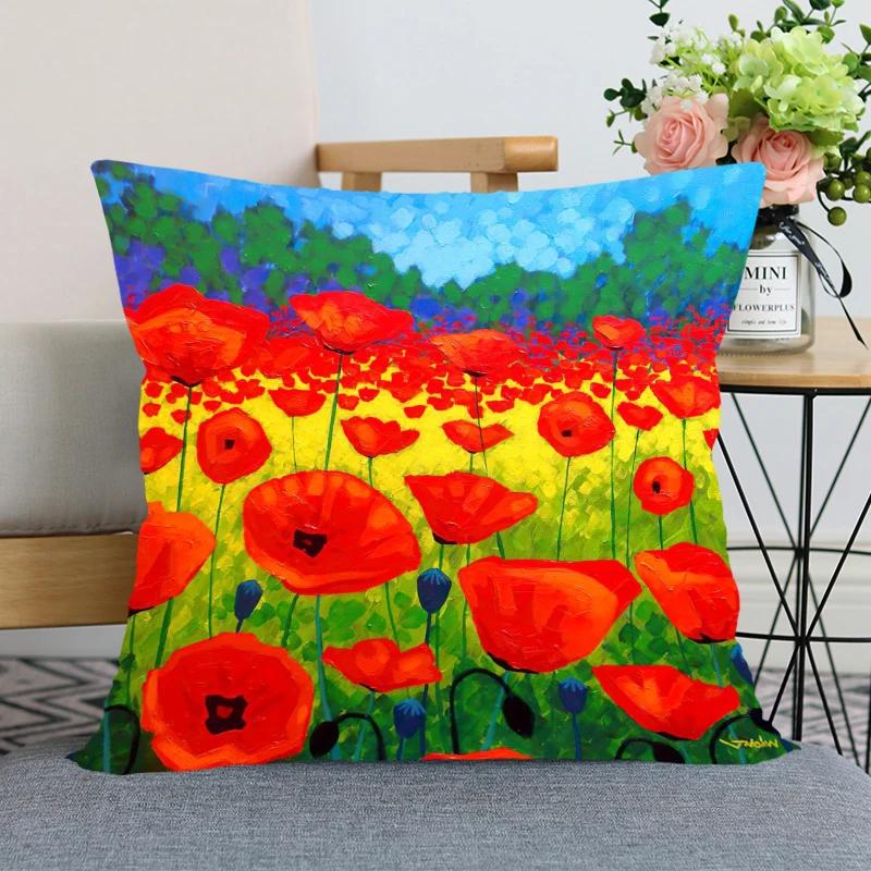 Rote Mohnblume Kissenbezug Schlafzimmer Heimdeko Schönes Geschenk Quadratisch Weich