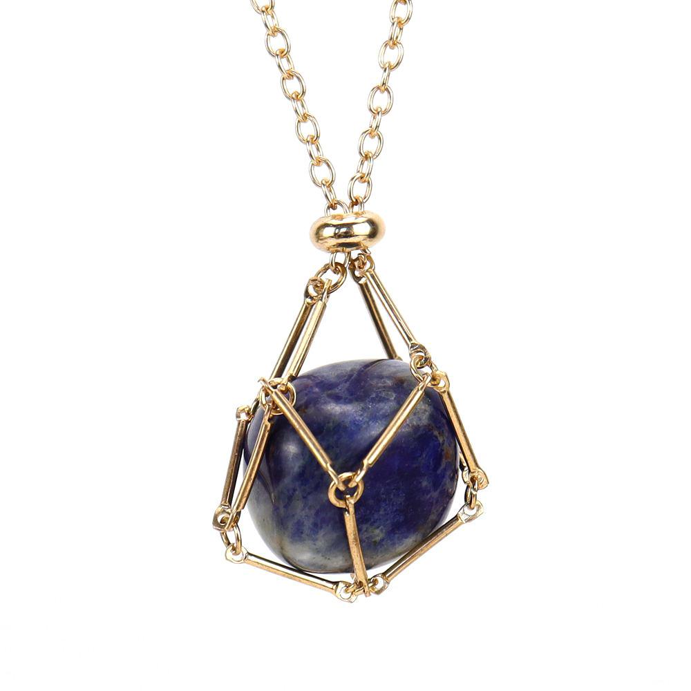Crystal Rough Stone Handmade Adjustable Stainless Steel Metal Bamboo Mesh Pocket Necklace Woven Pendant N683