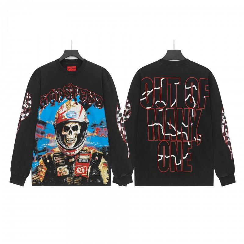 Unisex Vintage Skull Print Washed Cotton Long Sleeve Hoodie Streetwear Loose Fit
