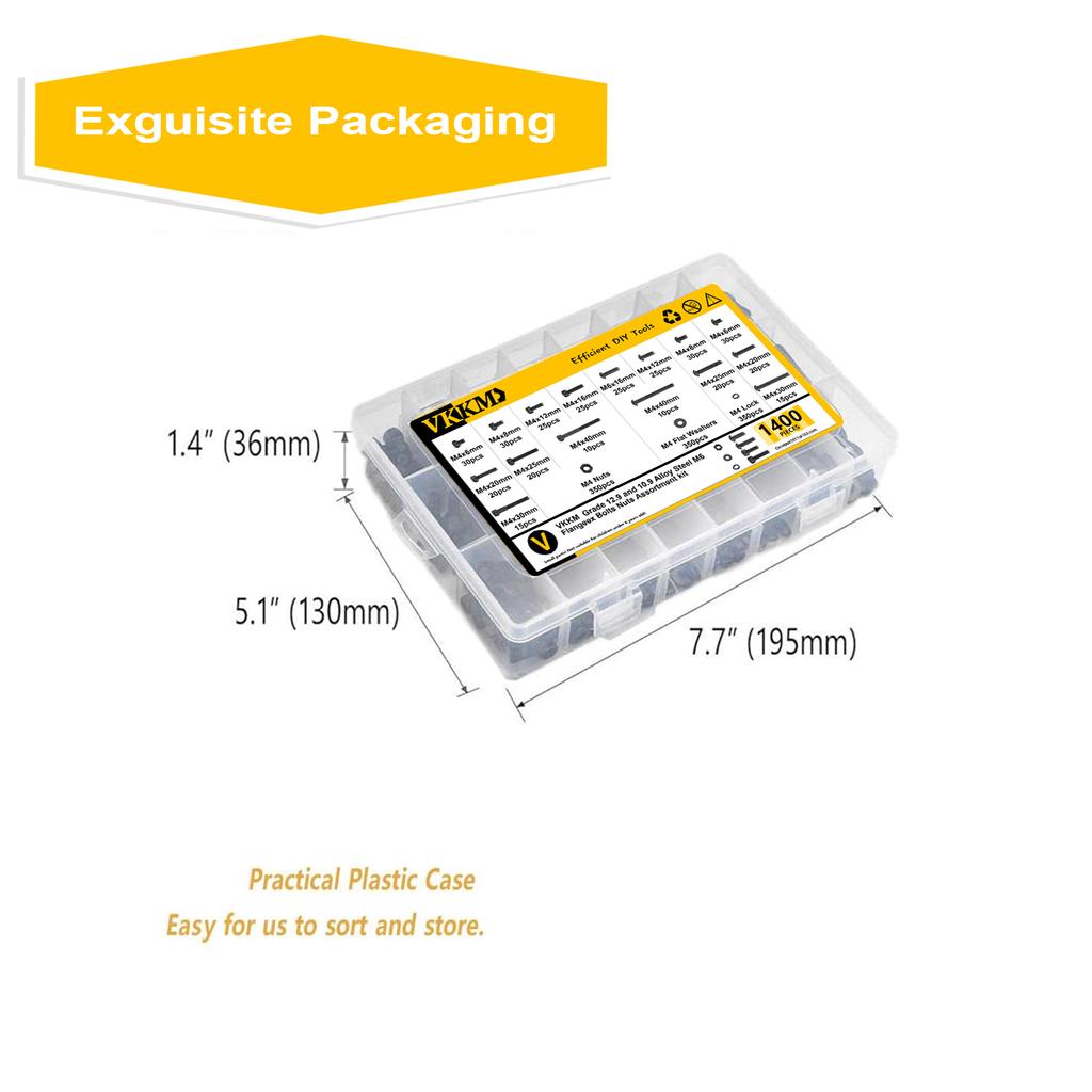 1400 czarnych śrub sześciokątnych z łbem podkładkowym i łbem połówkowym, zestaw kombinowany śruba + podkładka + nakrętka.